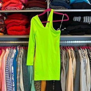 Bershka fluorescent green one long sleeve cut out bodycon dress size XS NWT